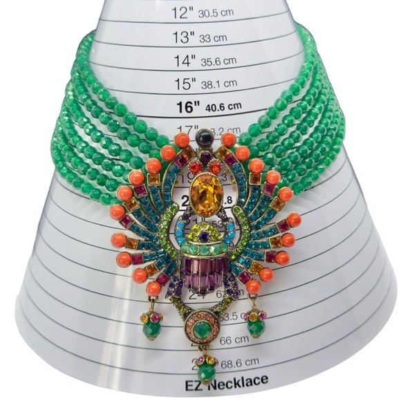 Heidi Daus Far Cry From Shy 6 Strand Green & Coral Bead Crystal Scarab Necklace - Picture 12 of 12
